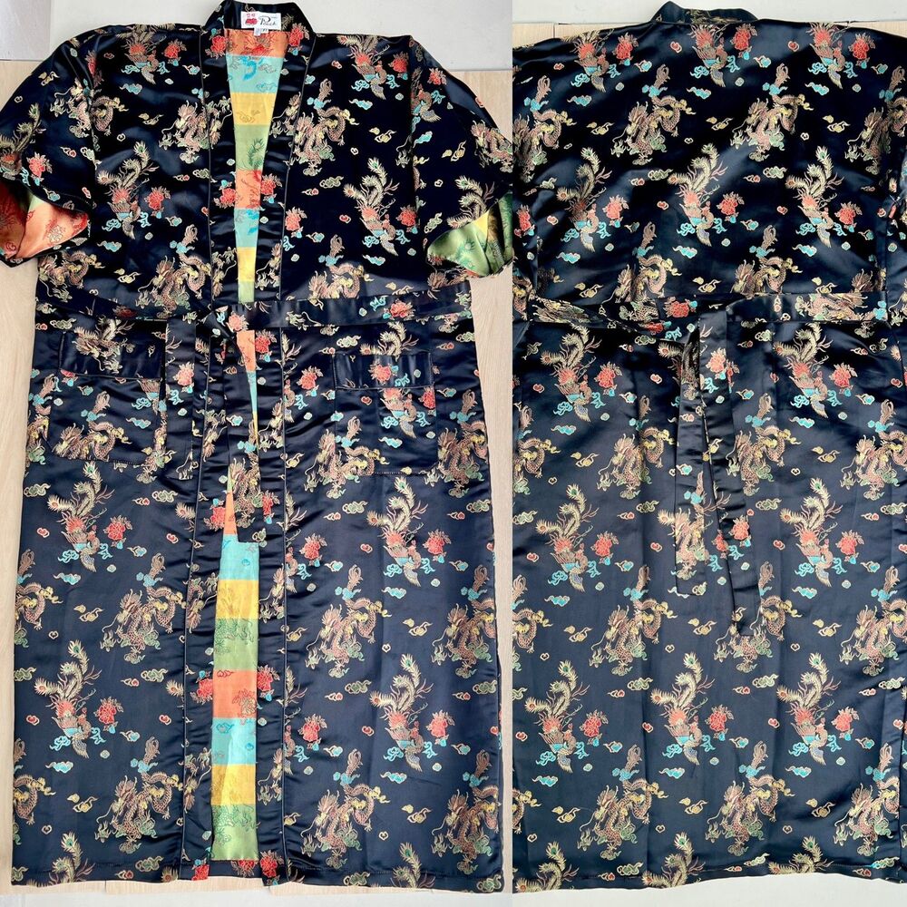 Vintage Double Peach 100% Silk Brocade Long Chinese Duster Robe Women's Size S-M